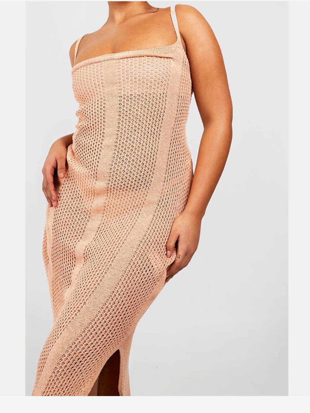 NWT Boohoo Plus Camel Crochet Knitted Maxi Beach side split Dress US 16 - Picture 4 of 10